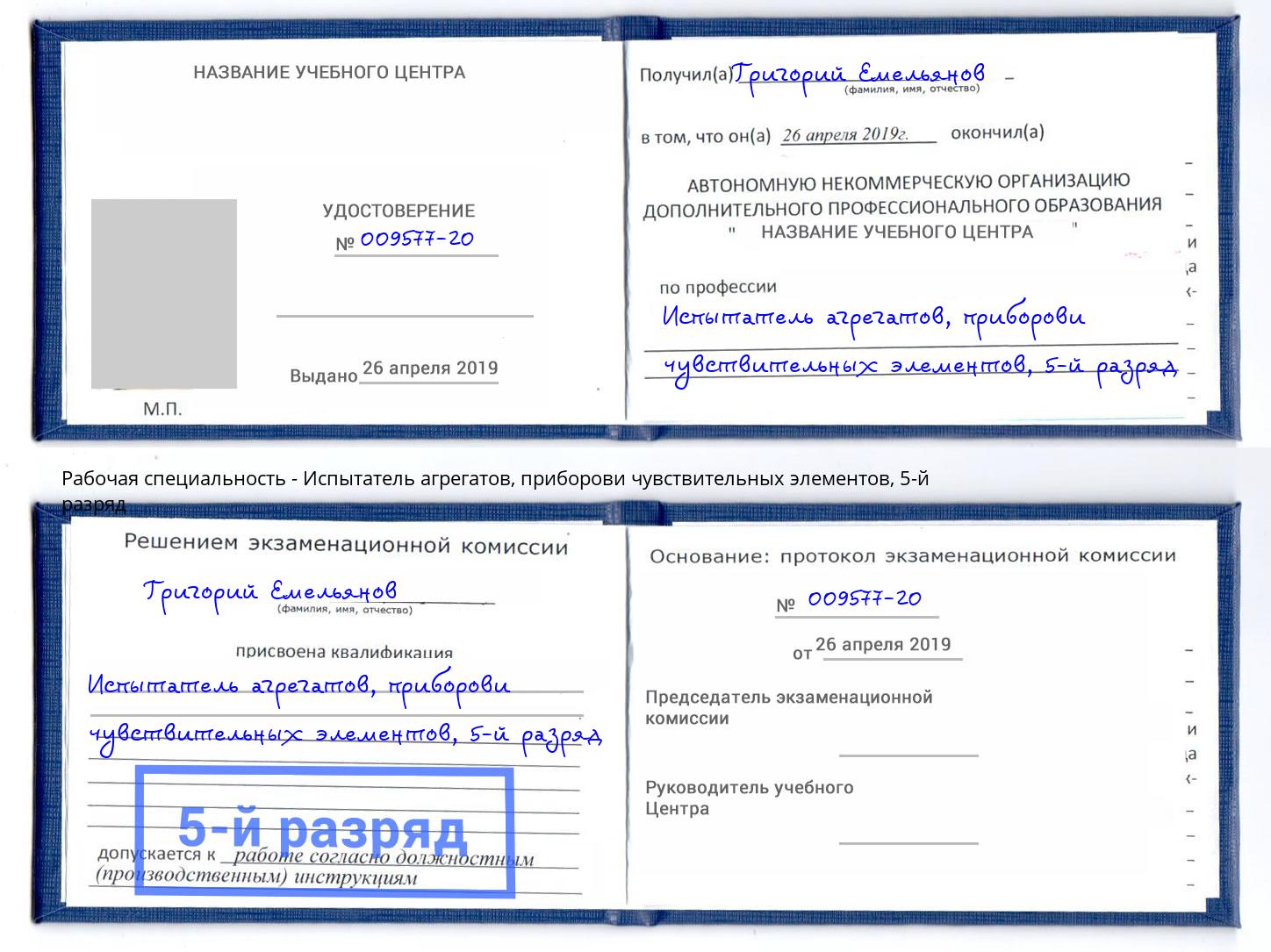 корочка 5-й разряд Испытатель агрегатов, приборови чувствительных элементов Чехов