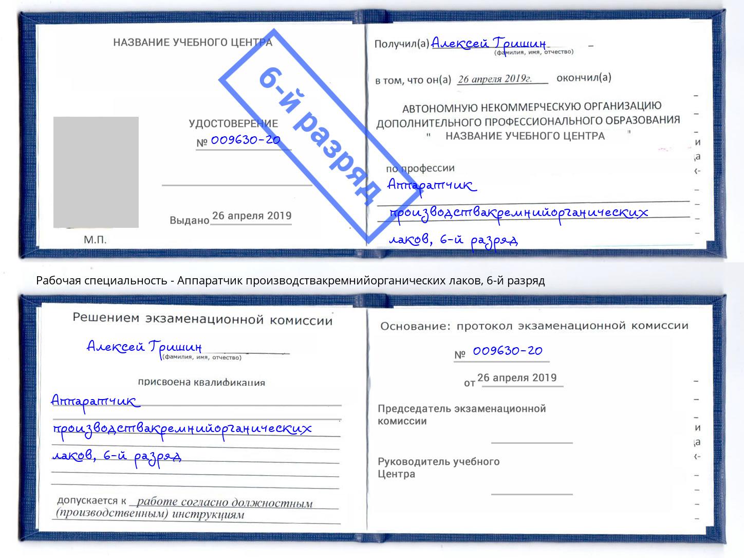 корочка 6-й разряд Аппаратчик производствакремнийорганических лаков Чехов