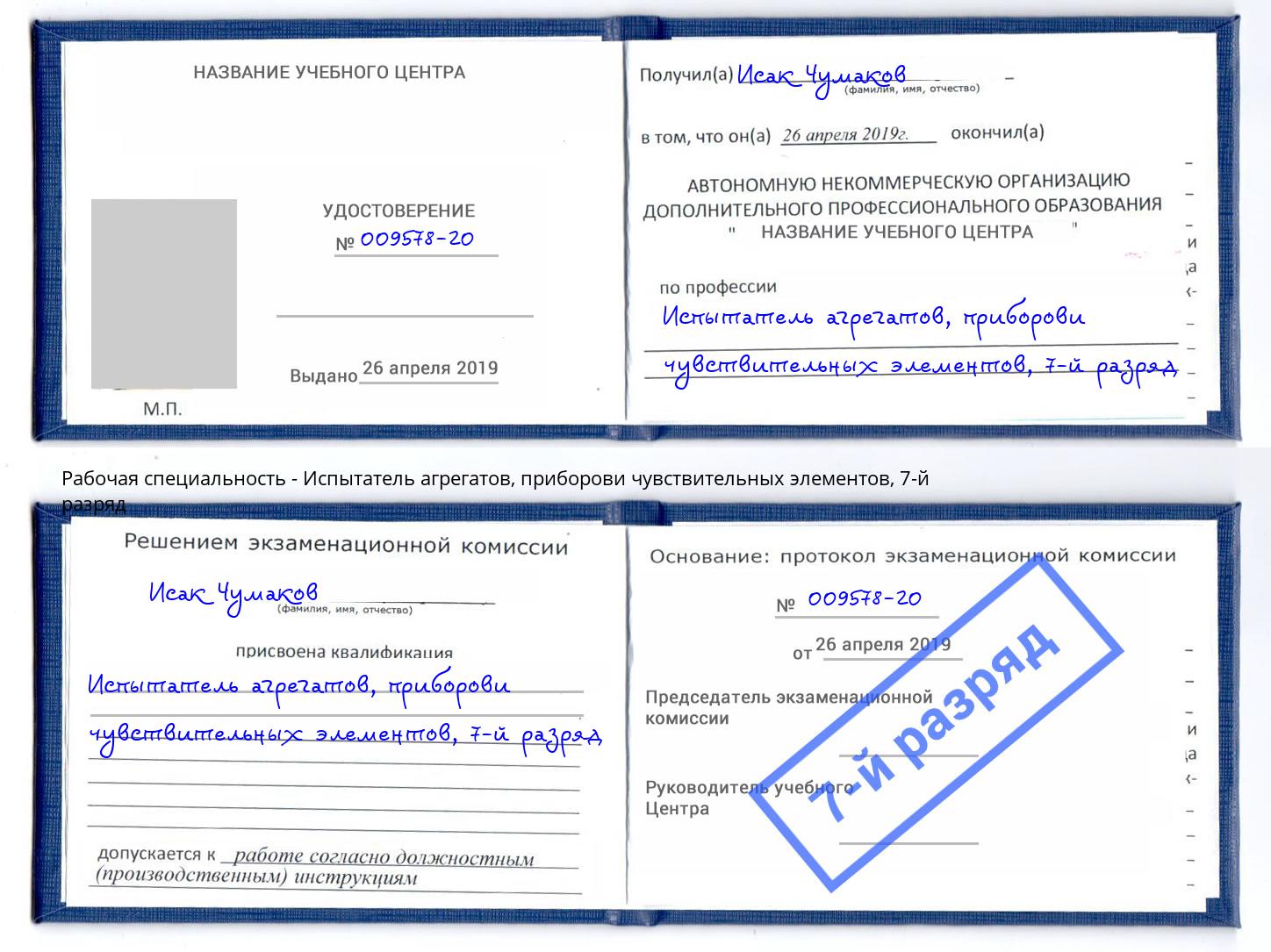 корочка 7-й разряд Испытатель агрегатов, приборови чувствительных элементов Чехов